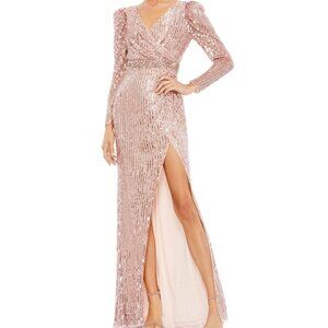 NEW Mac Duggal 93549 Long Sleeve Sequin Puff Sleeve Surplice Gown Rose Gold Sz 6